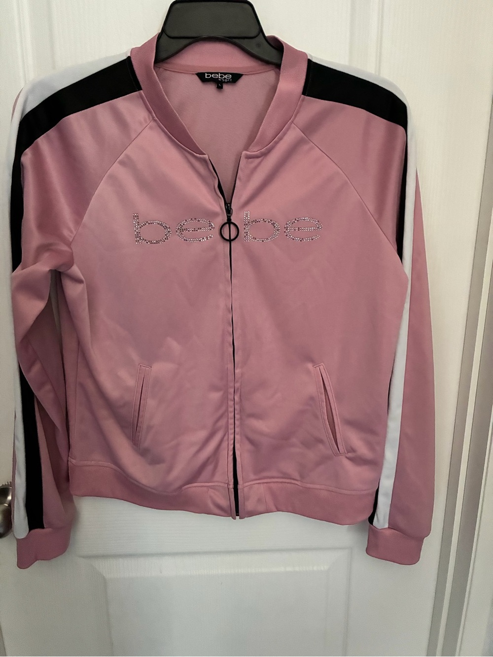 bebe Pink Rhinestone Logo Varsity Bomber Jacket with Black & White Stripes